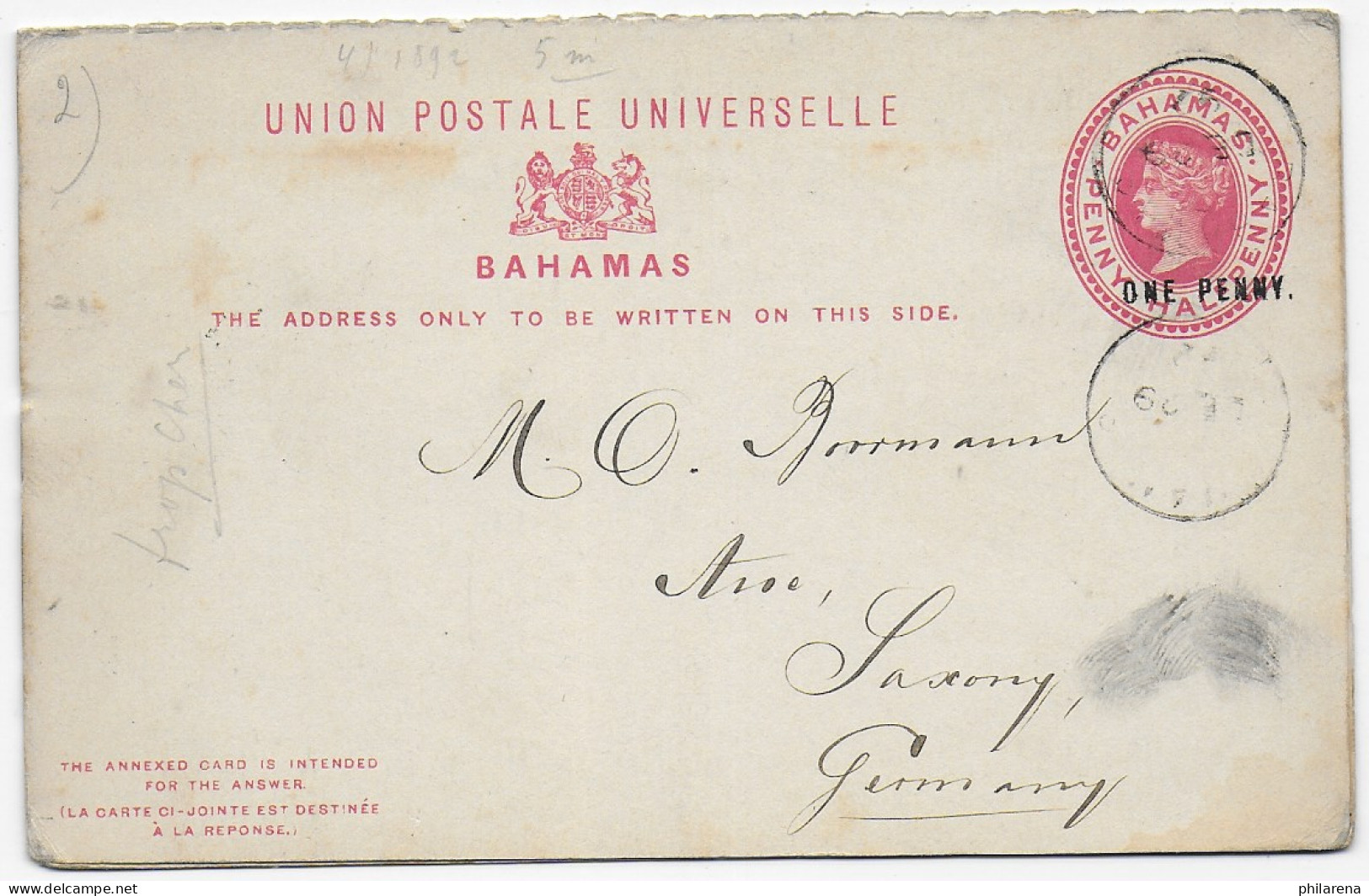 Bahmas Post Card With Reply Card, 1893 - Bahama's (1973-...)