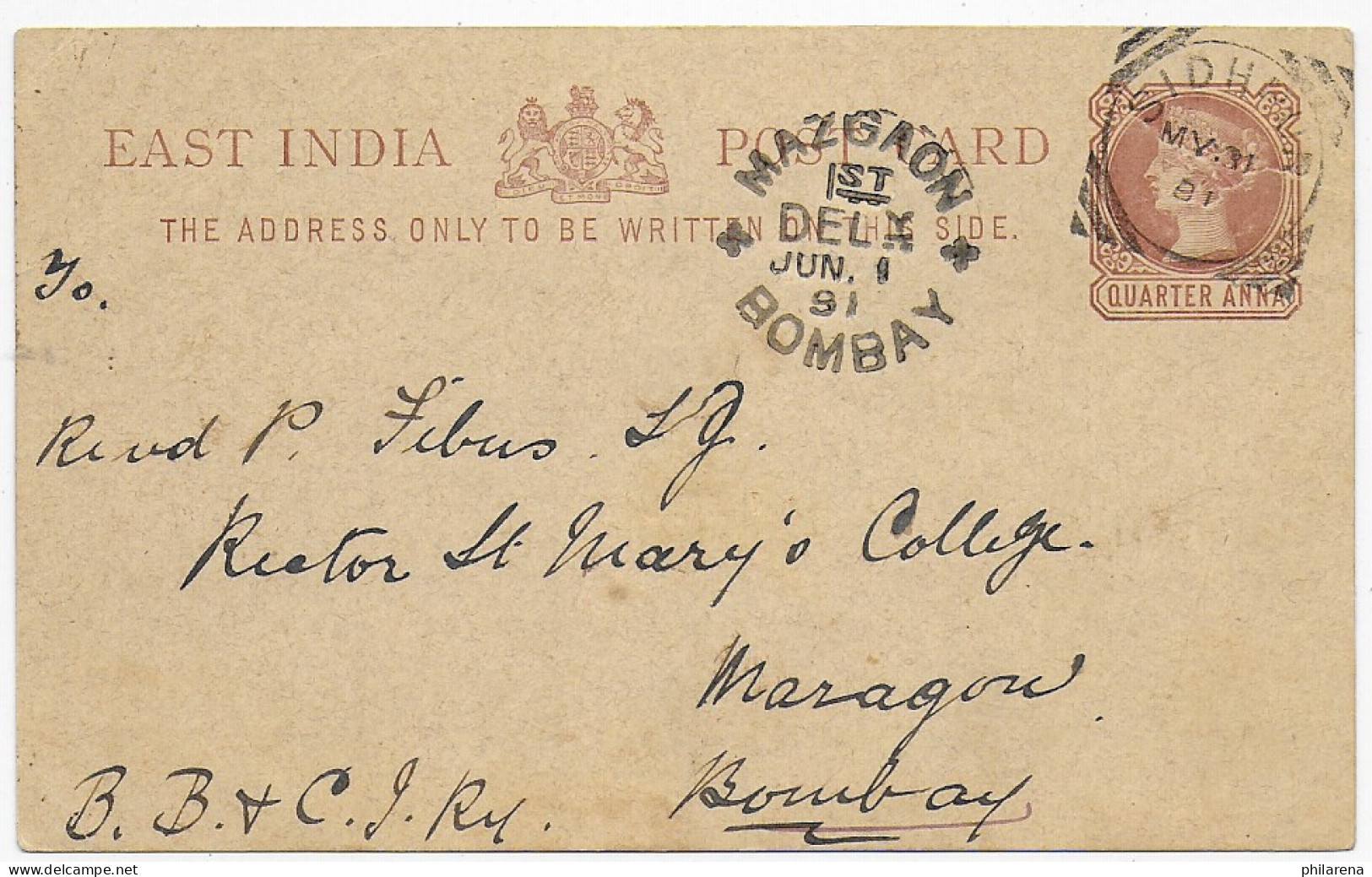 Post Card Mazgaon, Bombay, 1891 - Altri & Non Classificati