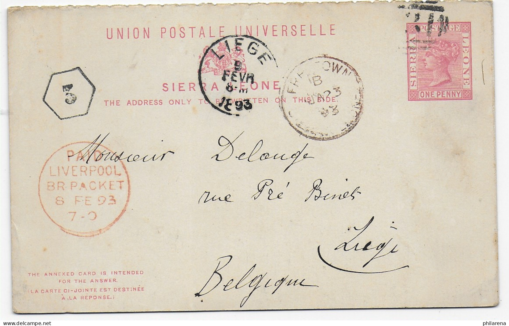 Sierra Leone, Freetown Post Card With Reply Card To Belgium, Liège 1893 - Sierra Leone (1961-...)