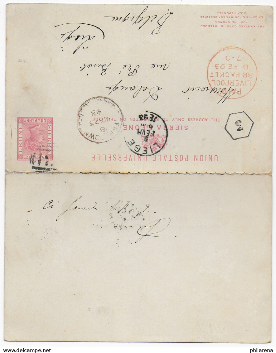 Sierra Leone, Freetown Post Card With Reply Card To Belgium, Liège 1893 - Sierra Leone (1961-...)