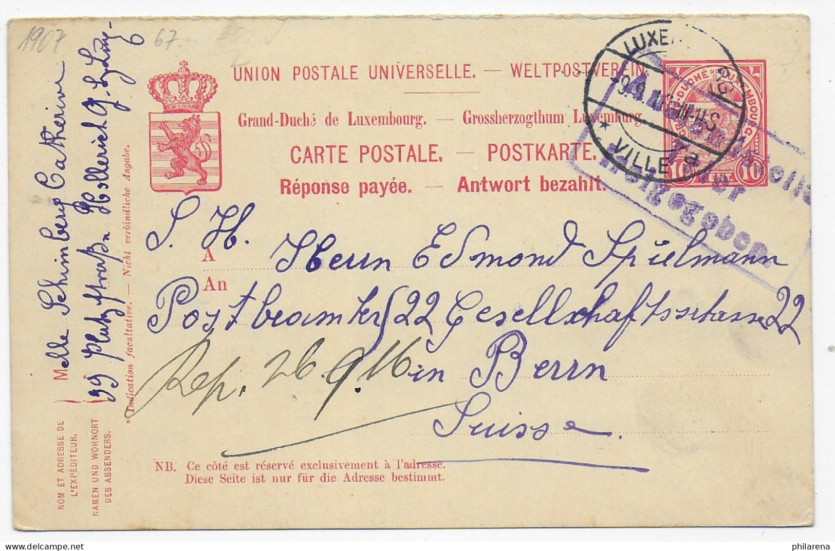Luxemburg Nach Bern, Frageteil, Zensur Trier, 1916 - Other & Unclassified