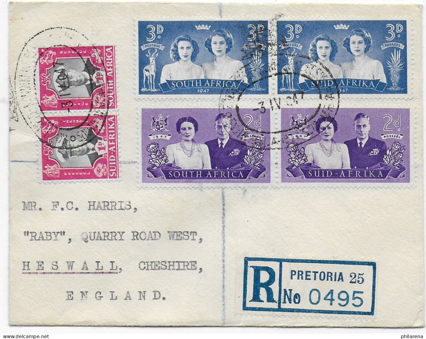 Einschreiben Pretoria Nach Heswall, Cheshire, 1947 - Other & Unclassified