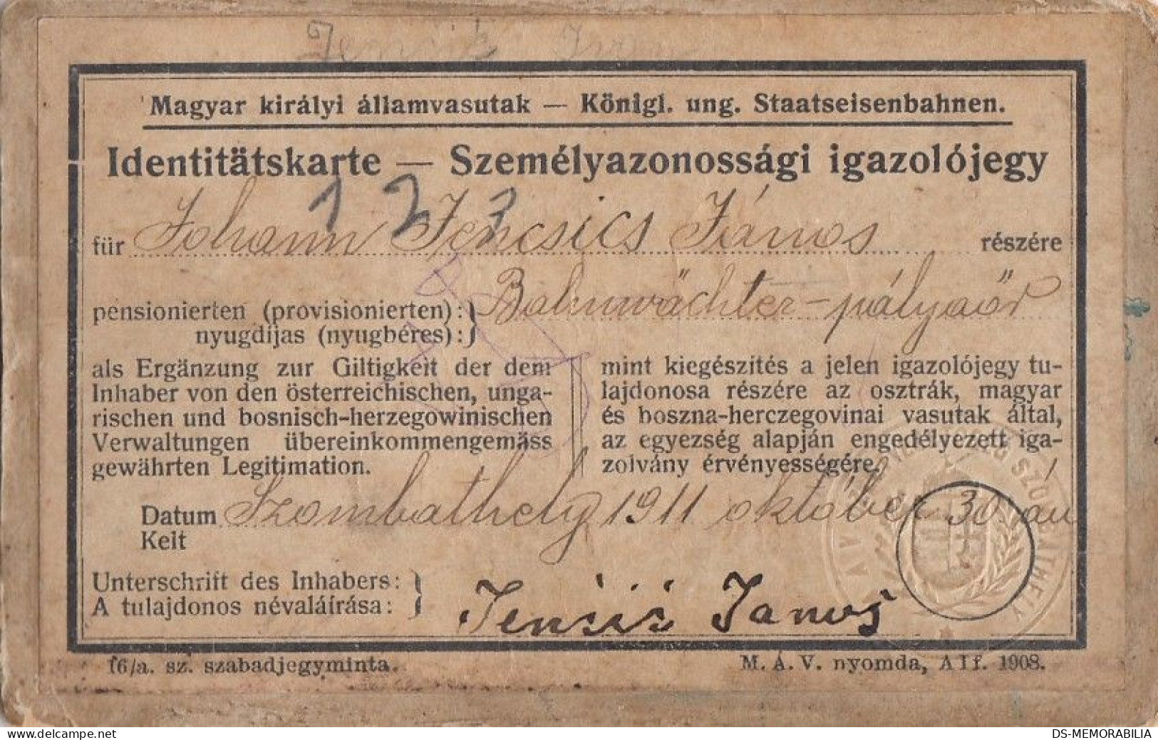 Old Man With A Mustache Atelier Heiszig Varazdin Croatia Hungary State Railways Identity Card ID - Alte (vor 1900)