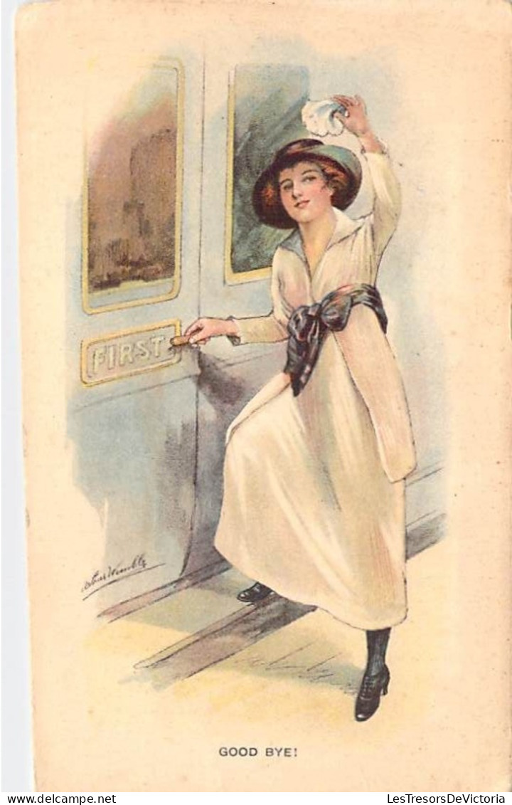 Illustrateur - Good Bye - Femme Qui Monte Dans Un Train En Saluant Du Mouchoir - Carte Postale Ancienne - Vallet, L.