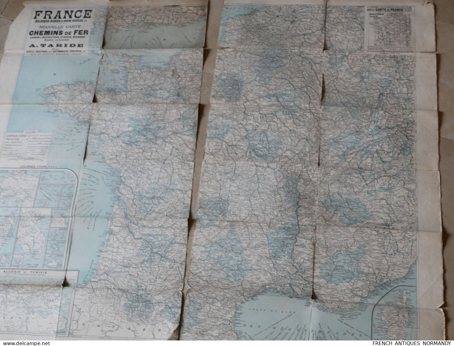 Carte Taride double face France Belgique et Europe Centrale Chemin de Fer et lignes de navigation attention carte coupée