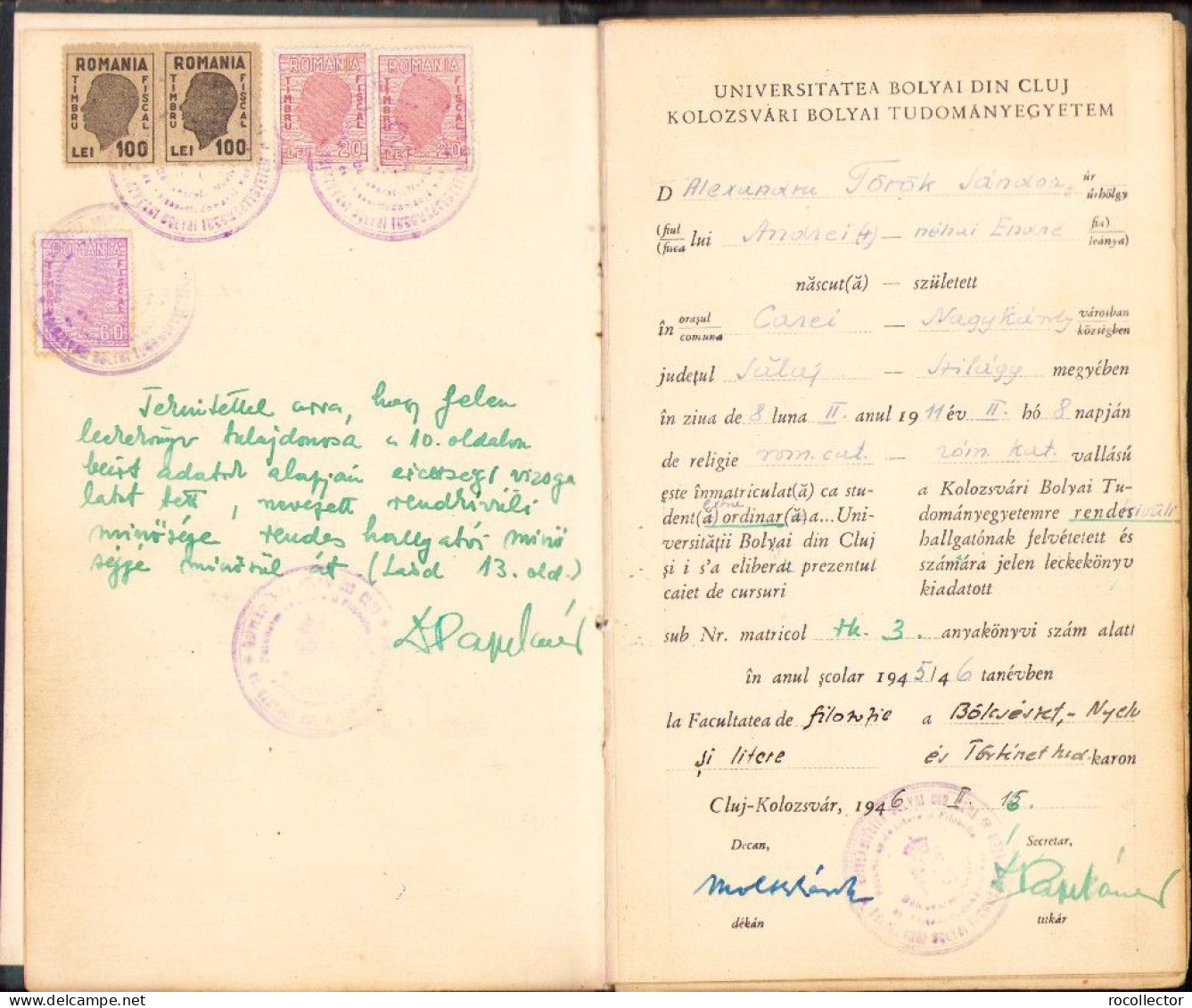 Török Sándor Nom De Plume Enyingi Sándor Student ID, 1945, Bolyai Egyetem Kolozsvar A2374 - Diploma's En Schoolrapporten