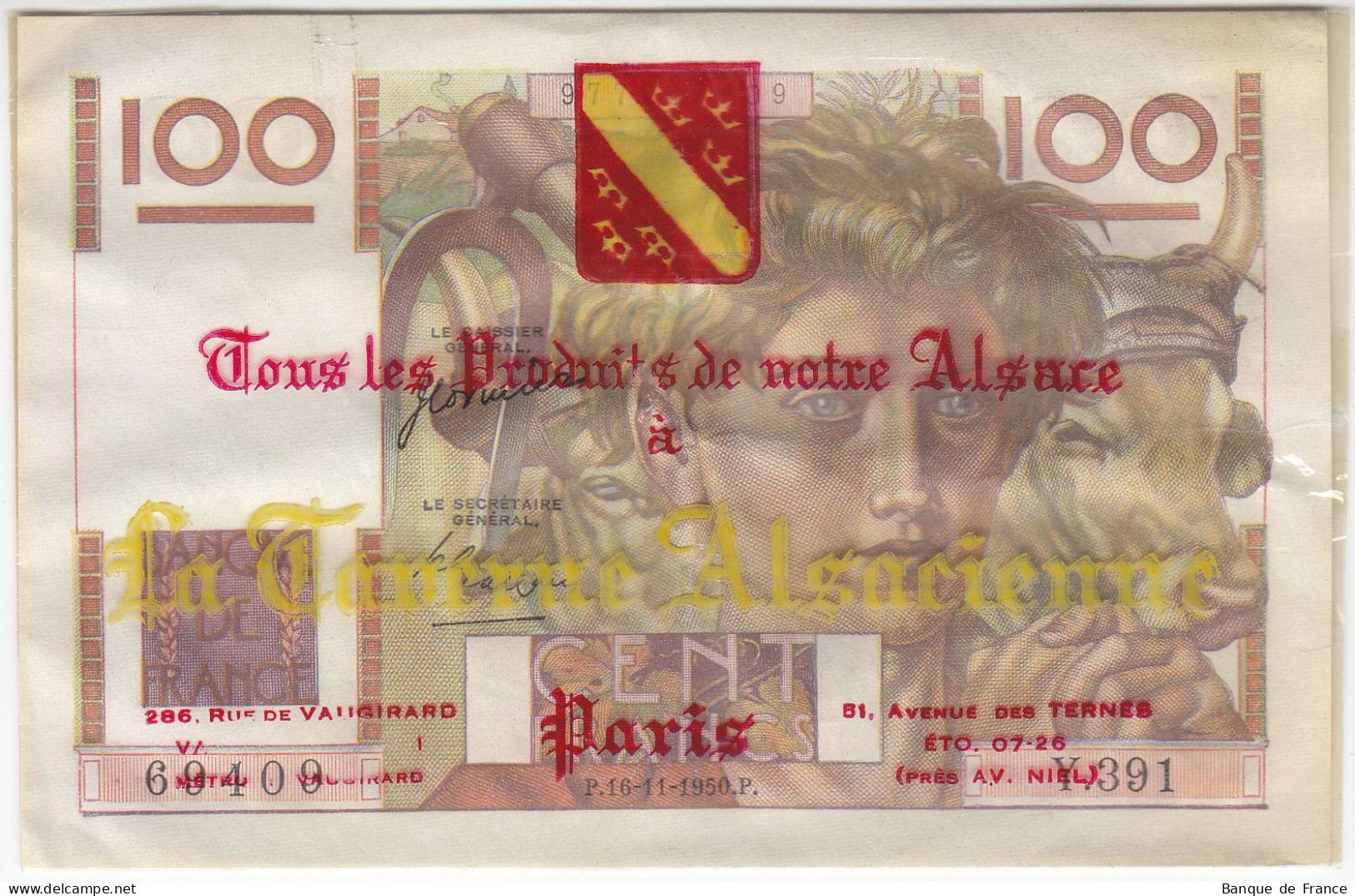 100 F Jeune Paysan PUBLICITAIRE Du 16-11-1950 FAY 28.28 Alph. Y.391 P/NEUF - Publicité La Taverne D'Alsace - 100 F 1945-1954 ''Jeune Paysan''