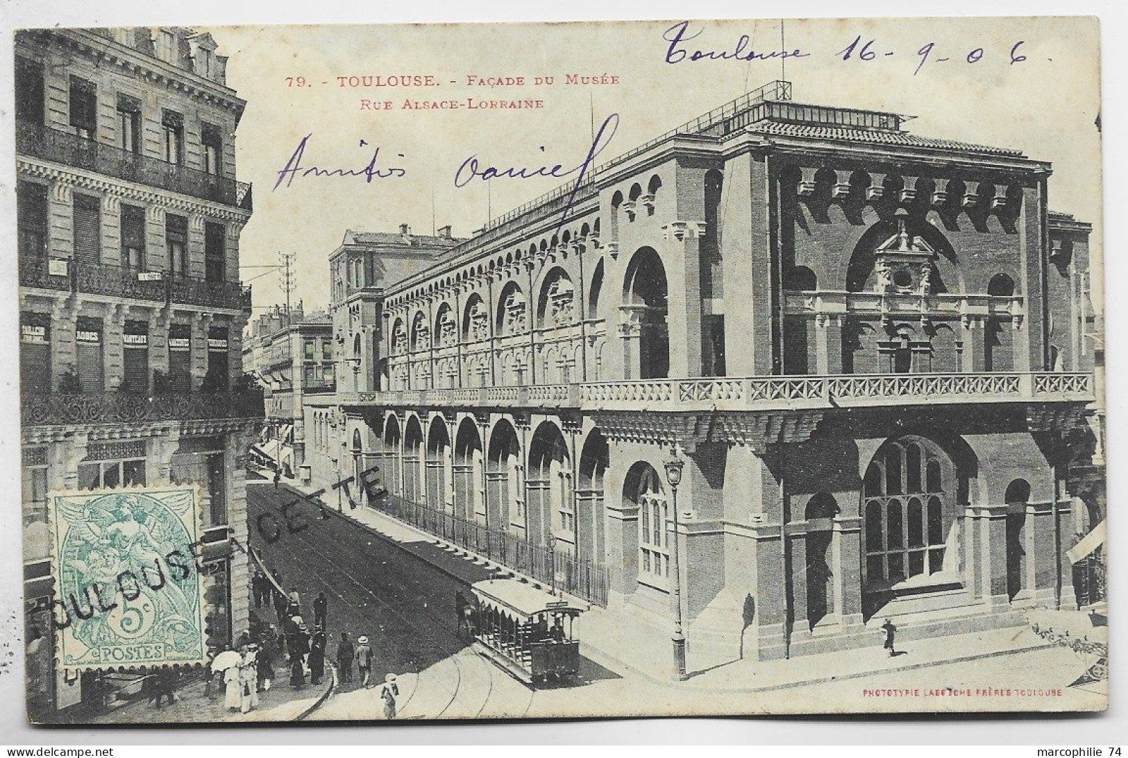 BLANC 5C AU RECTO CARTE ANNULATION GRIFFE AMBULANT  TOULOUSE A CETTE + VERSO TOULOUSE A CETTE 17.9.1906 A PEU COMMUN - Bahnpost