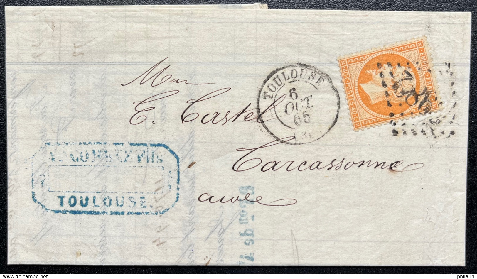 N°23 40c NAPOLEON SUR LETTRE / TOULOUSE HAUTE GARONNE POUR CARCASSONNE / 6 OCT 1865 / LAC - 1849-1876: Klassik