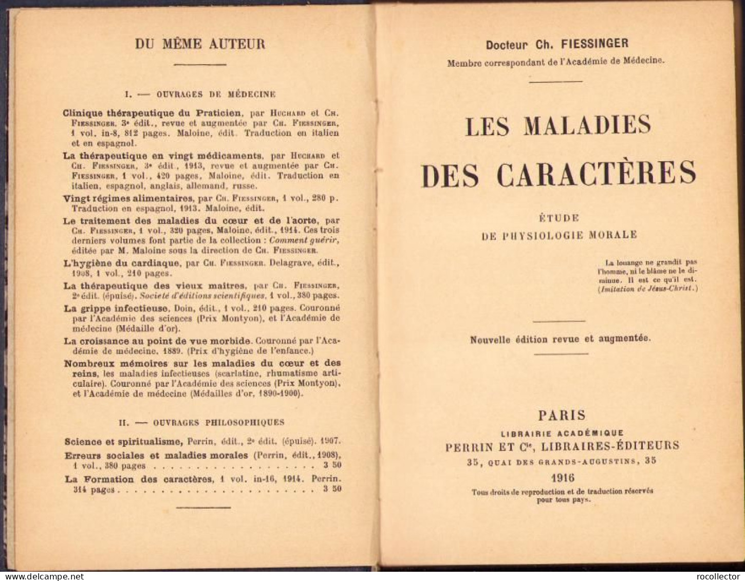 Les Maladies Des Caracteres Par Ch. Fiessinger, 1916, Paris C1240 - Oude Boeken
