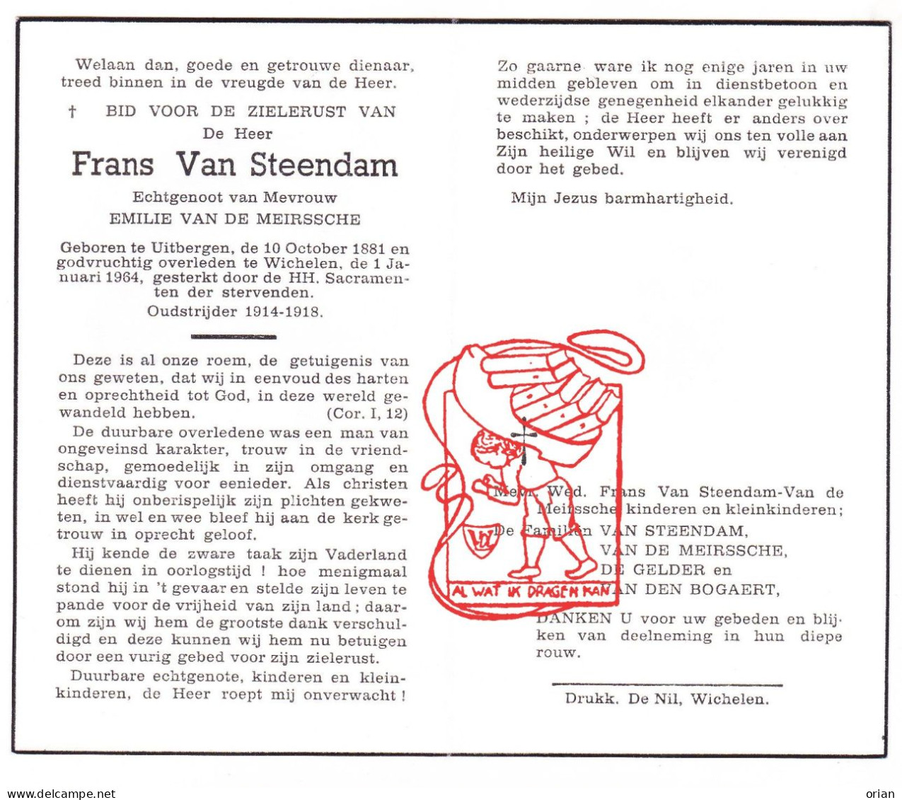 DP Frans Van Steendam ° Uitbergen Berlare 1881 † Wichelen 1964 X Emilie Van De Meirssche // De Gelder Van Den Bogaert - Images Religieuses