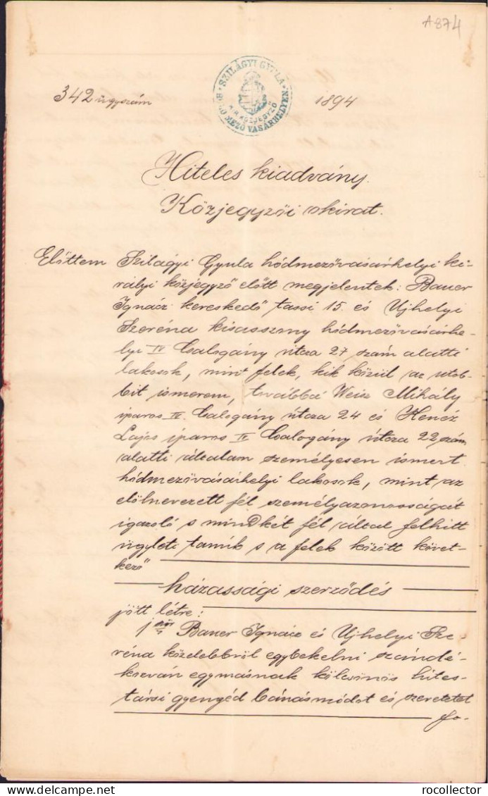 Hiteles Kiadvany Selling Document With Seal In Red Wax 1894 Hódmezővásárhely Hungary A2089 - Ohne Zuordnung