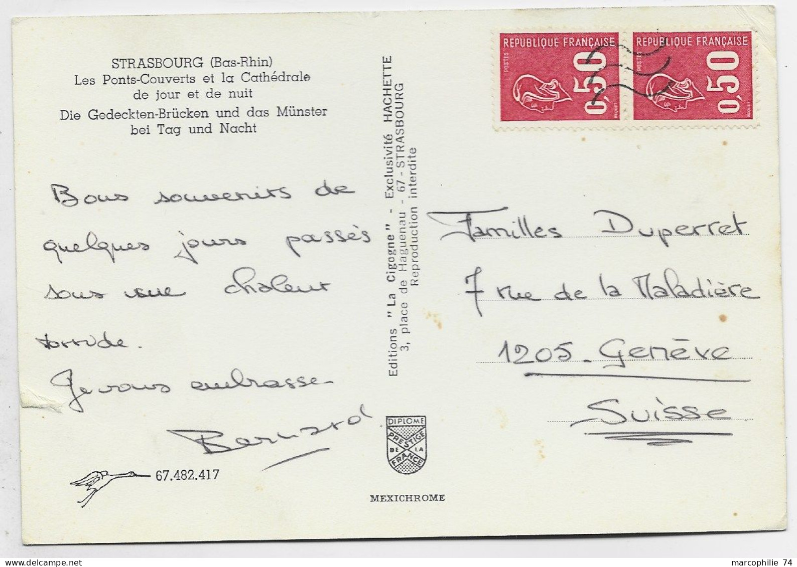 BEQUET 50C PAIRE CARTE DE STRASBOURG ANNULATION 3 LIGNES DE SUISSE EN ARRIVEE - 1971-1976 Marianne De Béquet