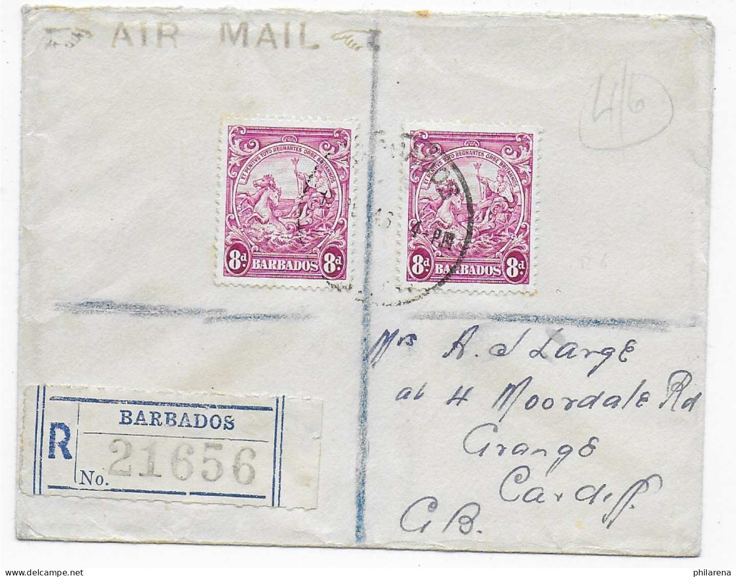 Einschreiben Luftpost Barbados Nach Cardiff 1946 - Barbados (1966-...)