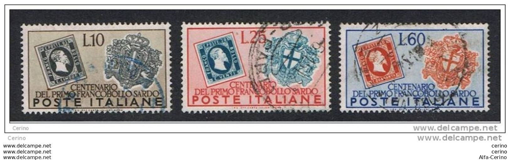 REPUBBLICA:  1951  CENTENARIO  SARDEGNA  -  S. CPL. 3  VAL. US. -  SASS. 672/74 - 1946-60: Oblitérés