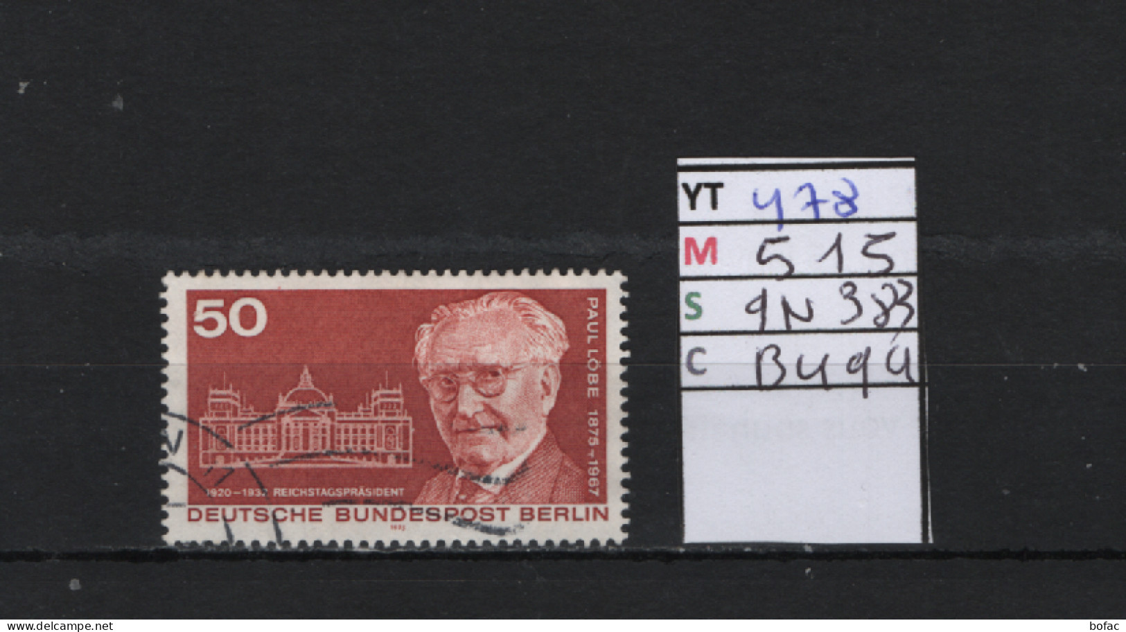 P. FIXE Obl 478 YT 515 MIC 9N383 SCO B494 GIB Paul Lobe 1975  *Berlin* 75/03 - Used Stamps