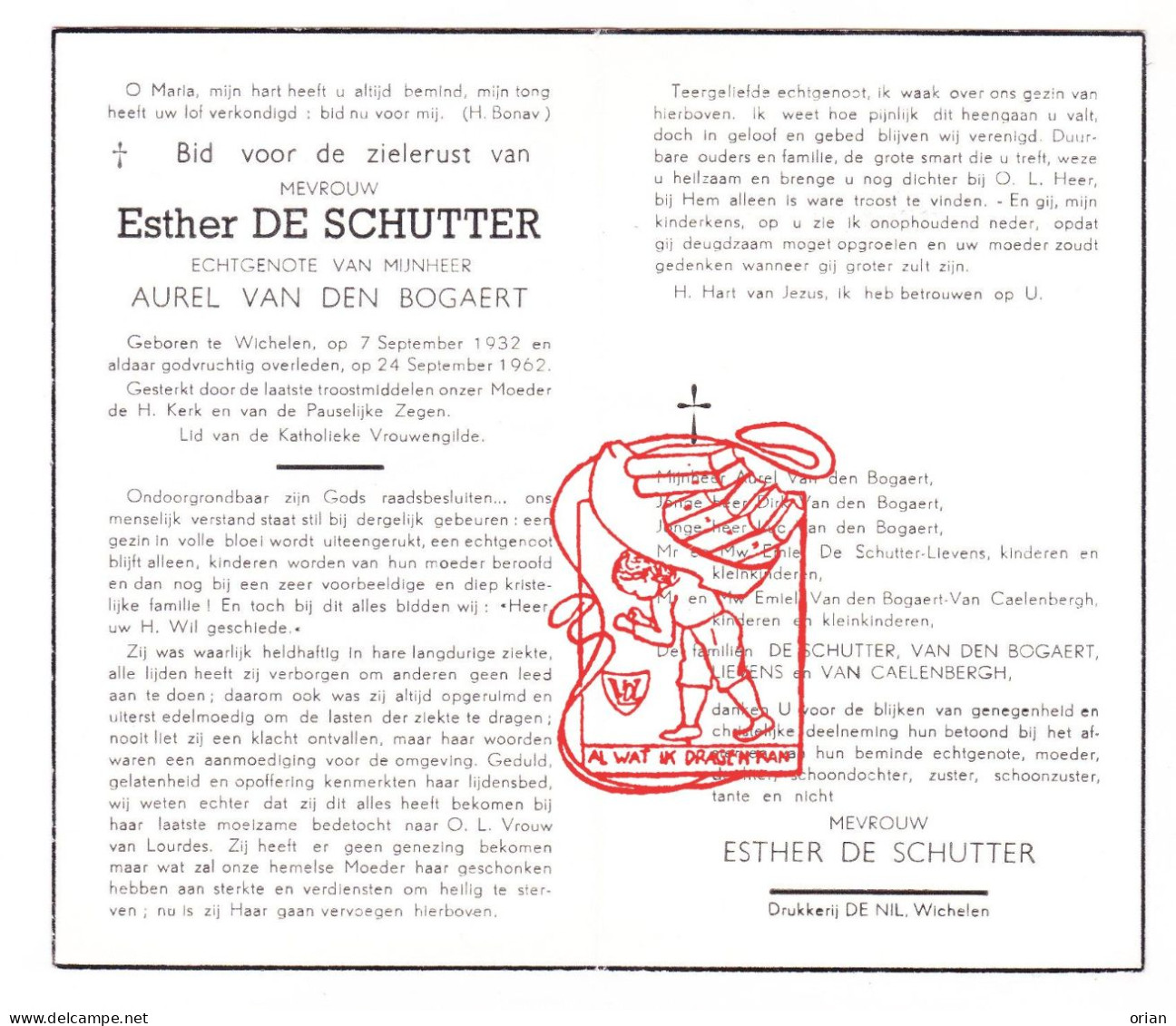 DP Esther De Schutter ° Wichelen 1932 † 1962 X Aurel Van Den Bogaert // Lievens Van Caelenbergh - Devotion Images