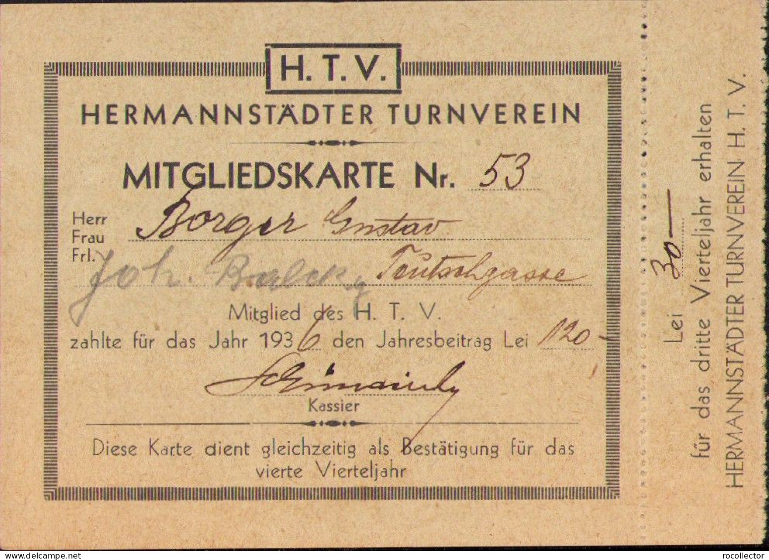 Mitgliedskarte Hermannstadter Turnverein, 1936 A1879 - Documentos Históricos