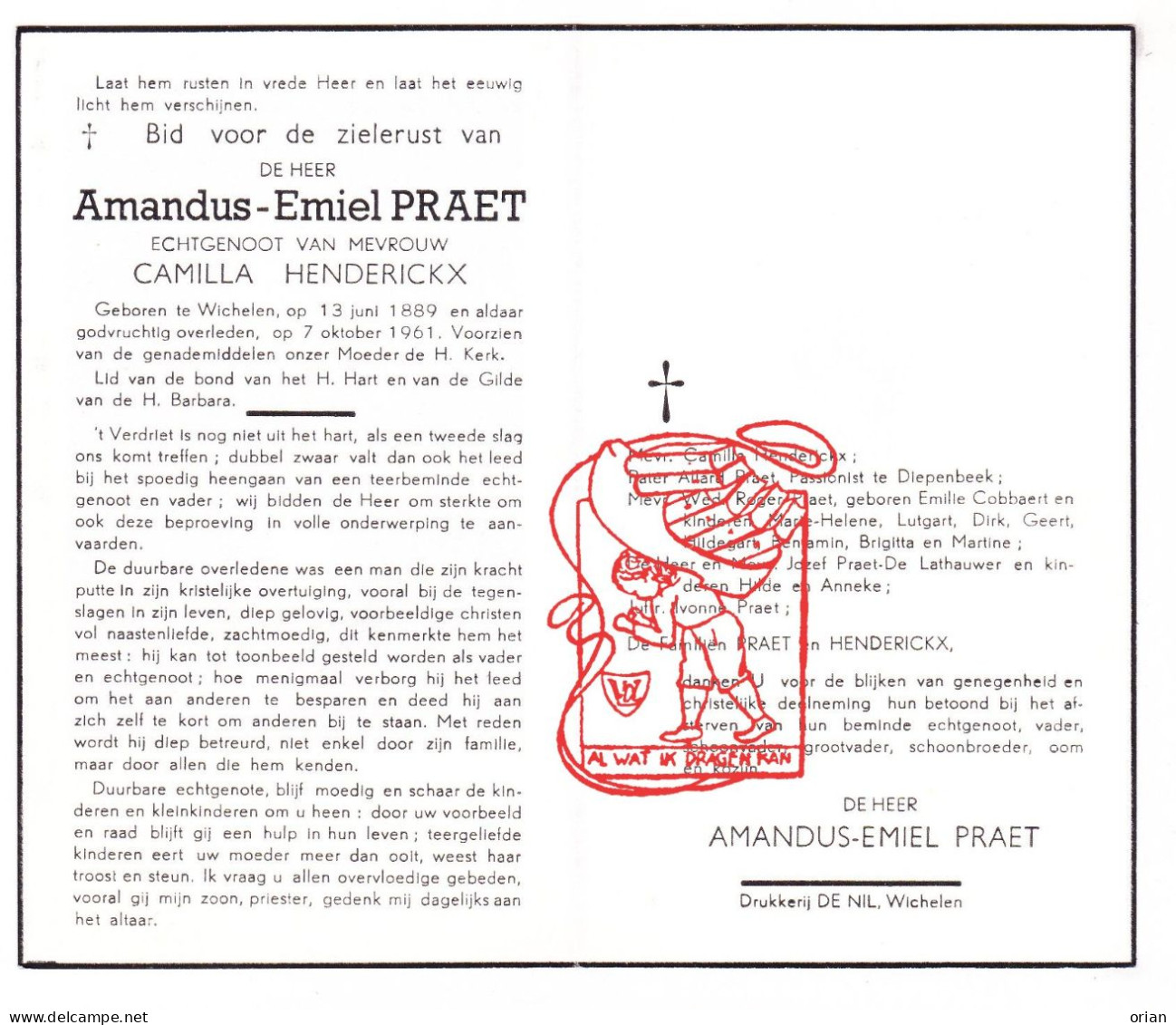 DP Amandus Emiel Praet ° Wichelen 1889 † 1961 X Camilla Henderickx // Cobbaert De Lathauwer - Images Religieuses