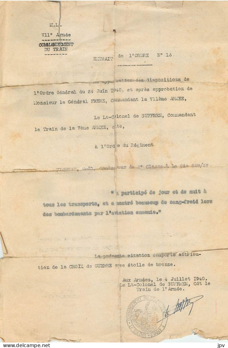 COMMANDEMENT DU TRAIN. EXTRAIT DEL'ORDRE N°16. CITATION ATTRIBUTION CROIX DE GUERRE 1940 - 1939-45