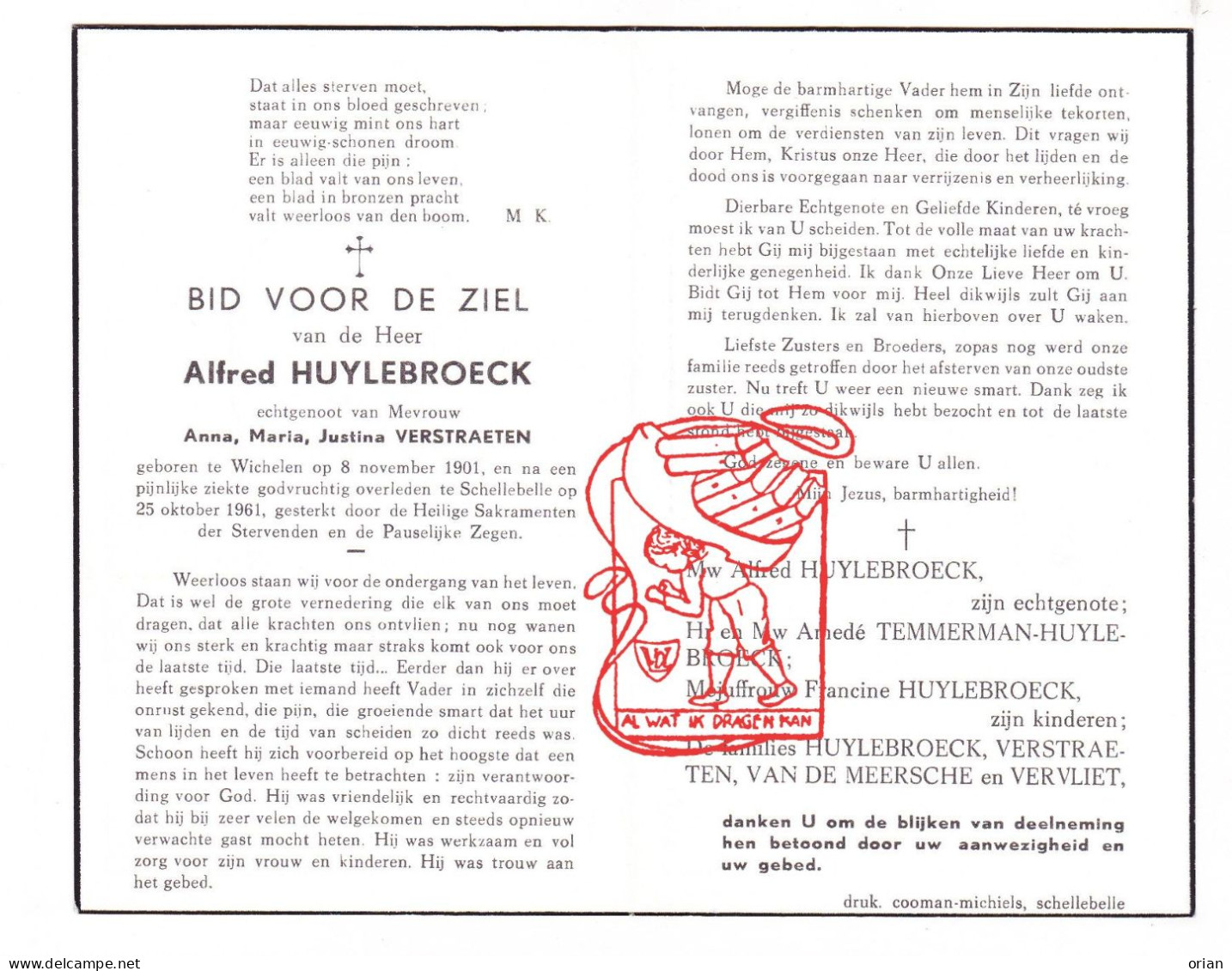 DP Alfred Huylebroeck ° Wichelen 1901 † Schellebelle 1961 X Anna Verstraeten // Temmerman Van De Meersche Vervliet - Images Religieuses