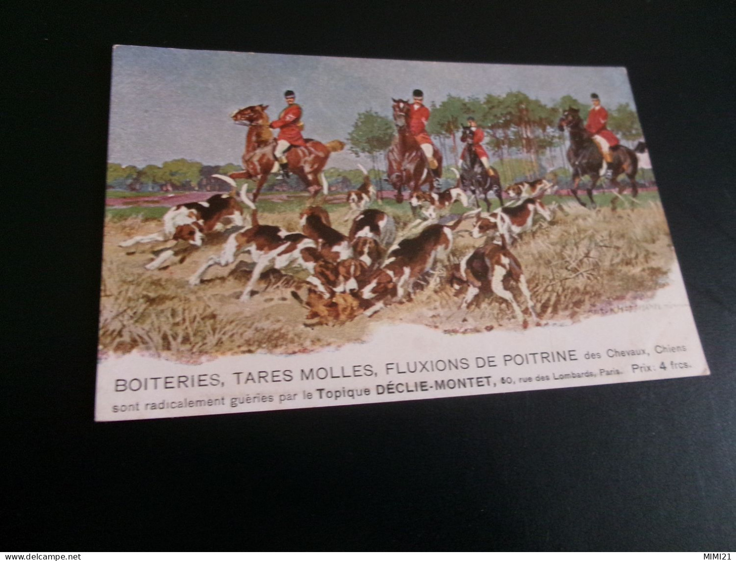 BELLE ILLUSTRATION PUBLICITE."TOPIQUE DECLIE-MONTET" ...SIGNE ANTON HAUFFMANN ??..CHASSE A COURRE..CHEVAUX ET CHIENS - Autres & Non Classés