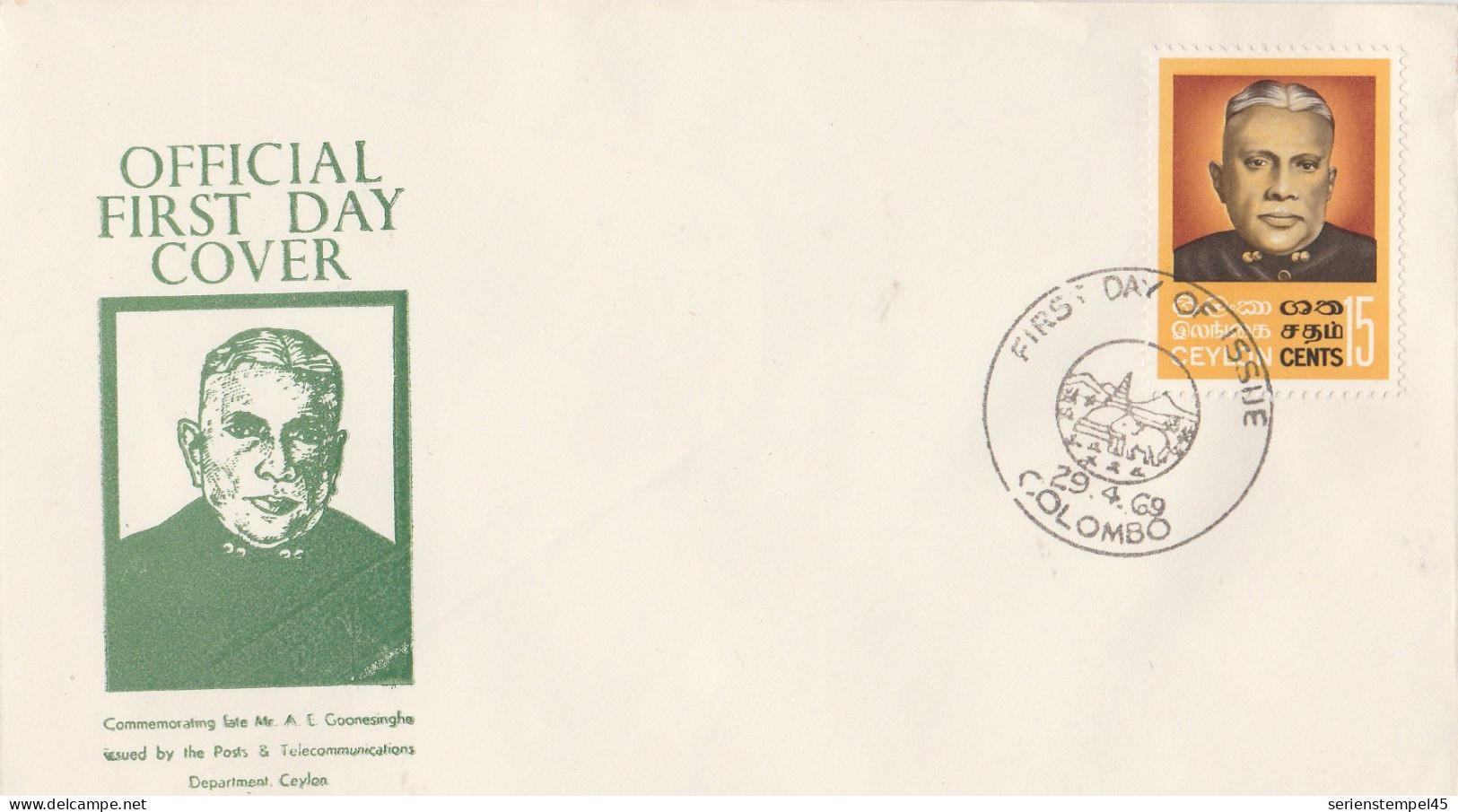 Sir Lanka Ceylon Official Frist Day Cover 1969 Stempel Motiv Elefant 364 Alexander Ekanayake Goonesinghe - Sri Lanka (Ceylan) (1948-...)