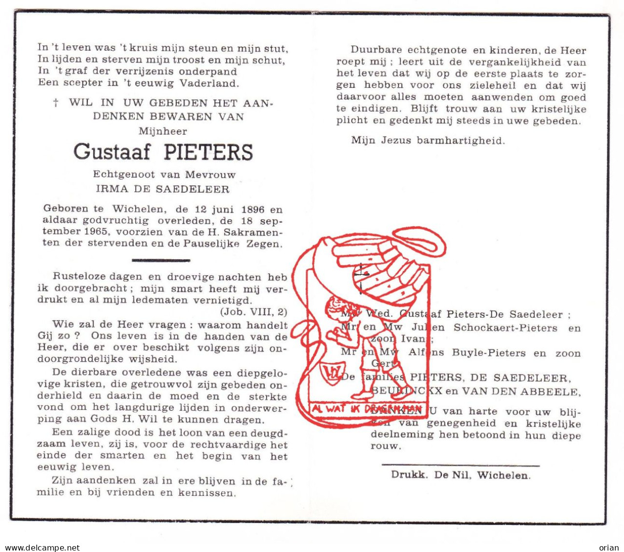 DP Gustaaf Pieters ° Wichelen 1896 † 1965 X Irma De Saedeleer // Schockaert Buyle Beurinckx Vandenabbeele - Images Religieuses