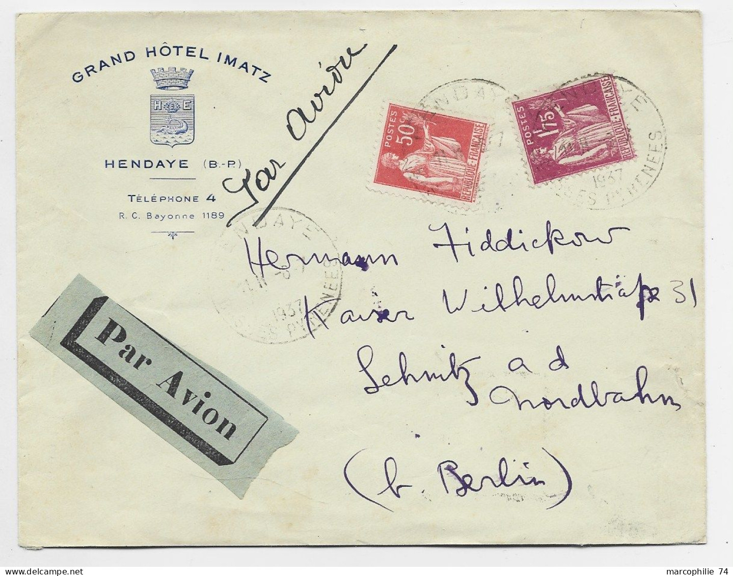 PAIX 1FR75+50C LETTRE AVION ENTETE GARND HOTEL IMATZ HENDAYE BASSES PYRENEES 1937 POUR BERLIN A TARIF - 1932-39 Paix