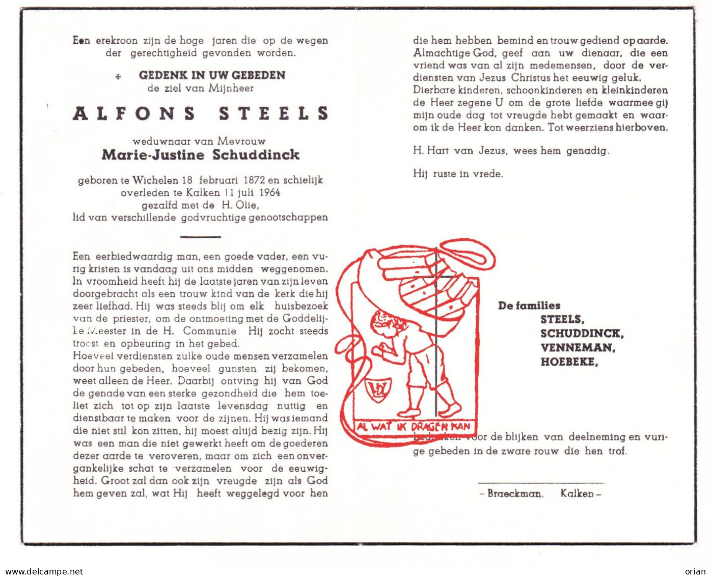 DP Alfons Steels ° Wichelen 1872 † Kalken Laarne 1964 X Marie Justine Schuddinck // Venneman Hoebeke - Devotion Images