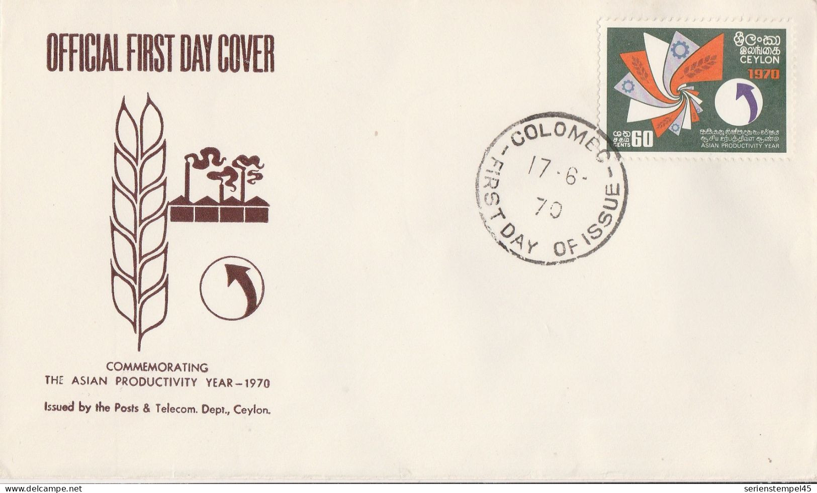 Sir Lanka Ceylon Official Frist Day Cover 1970 399 Asiatisches Jahr Der Produktivitiät - Sri Lanka (Ceylon) (1948-...)