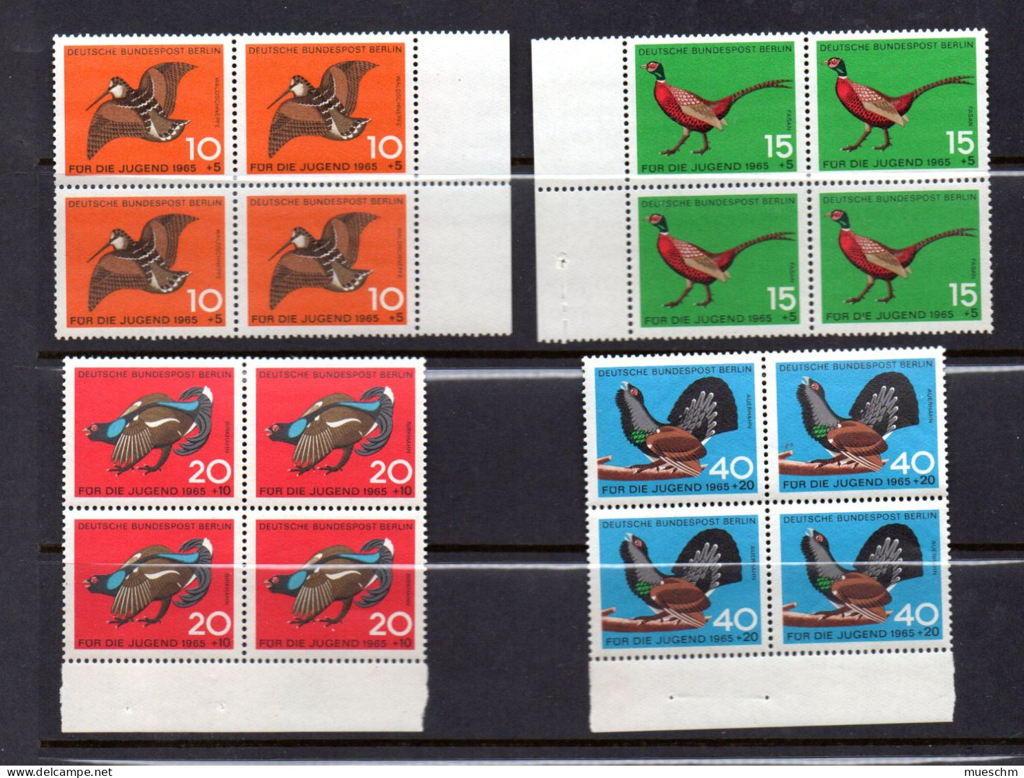 Deutschland/Berlin, 1965, Satz Jugend-Federwild, 10-40Pfg., MiNr.250-253, Postfrische 4er Blocks (19490E) - Unused Stamps