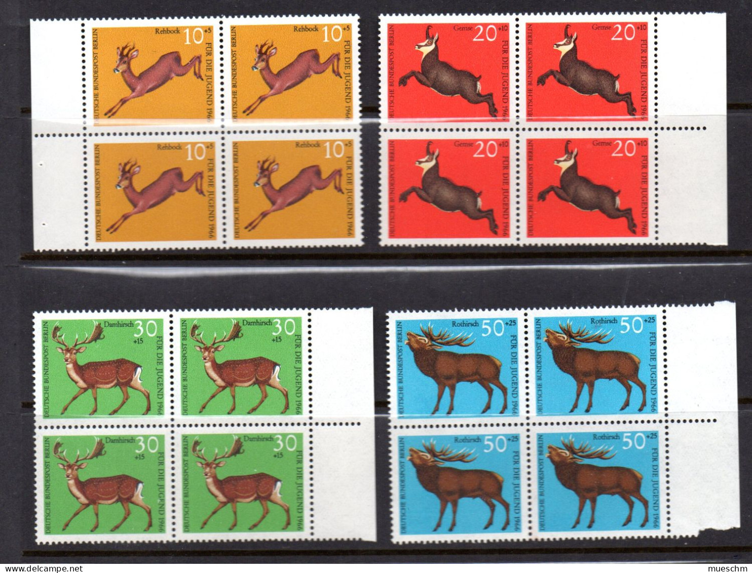 Deutschland/Berlin, 1965, Satz Jugend-Federwild, 10-40Pfg., MiNr.250-253, Postfrische 4er Blocks (19490E) - Unused Stamps