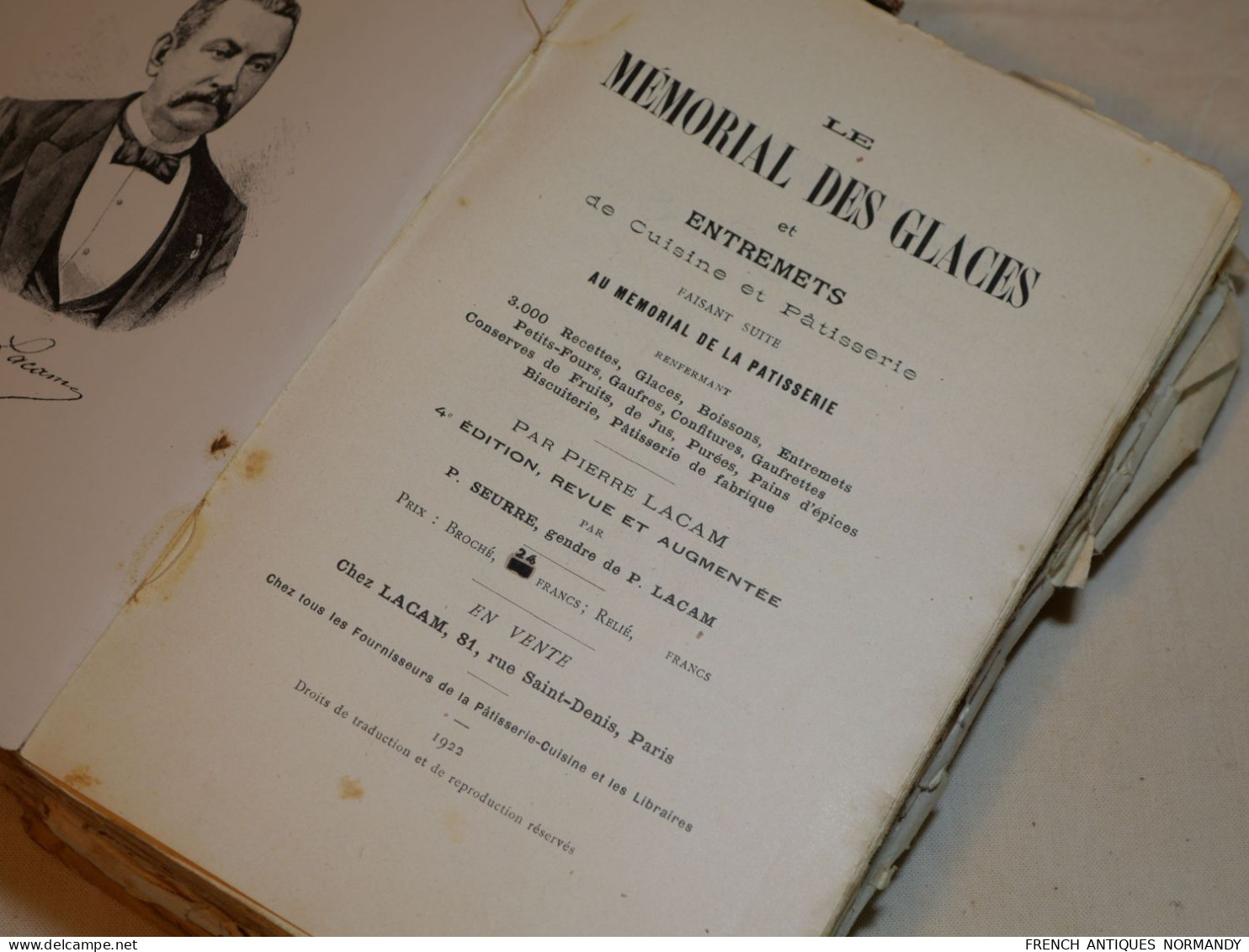 RARE livre Le Mémorial des glaces et entremets de cuisine et pâtisserie LACAM (Pierre) Edité par Paris, chez Lacam, 1922