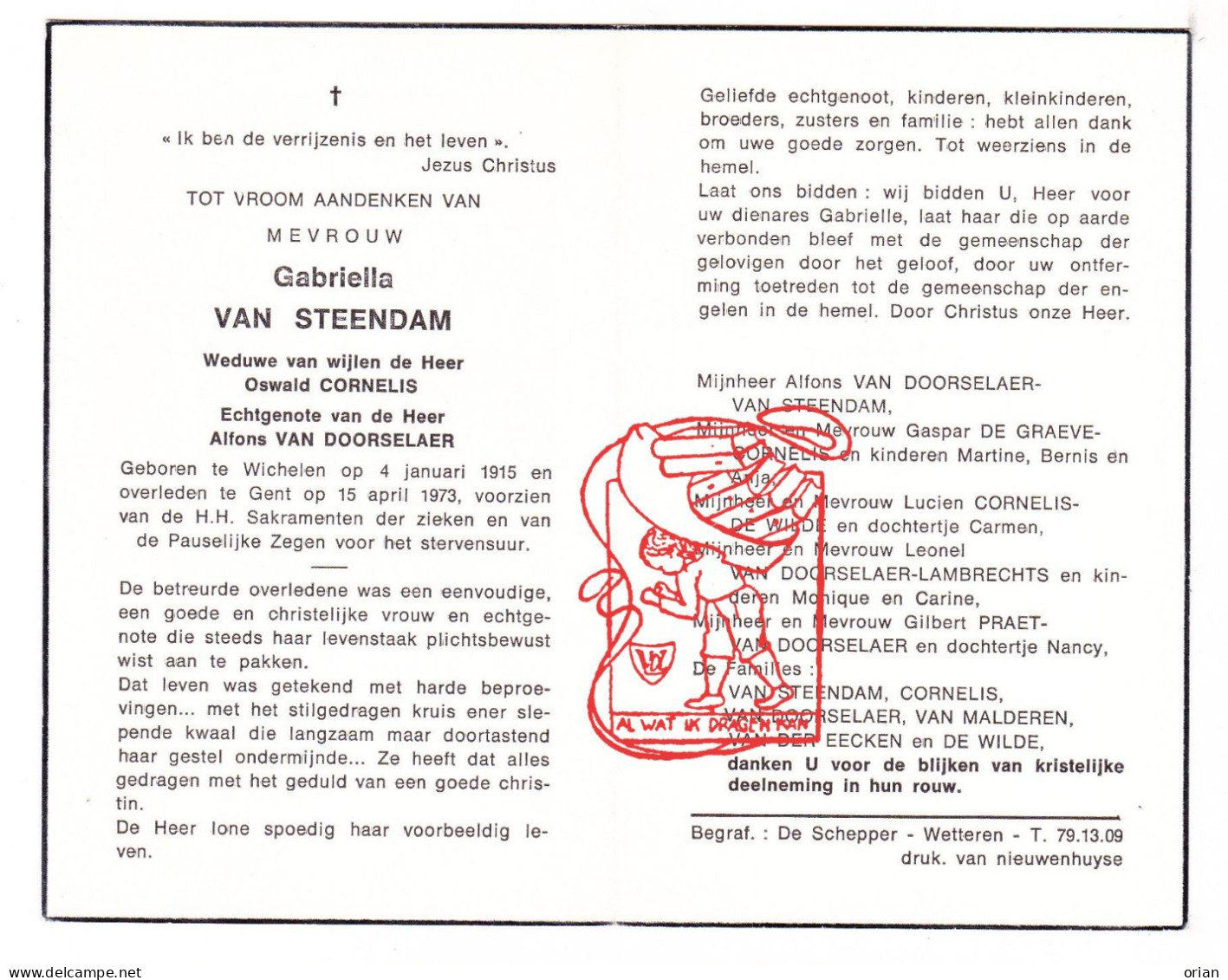 DP Gabriëlla Van Steendam ° Wichelen 1915 † Gent 1973 Cornelis Doorselaer De Graeve Wilde Lambrechts Praet Vandereecken - Images Religieuses