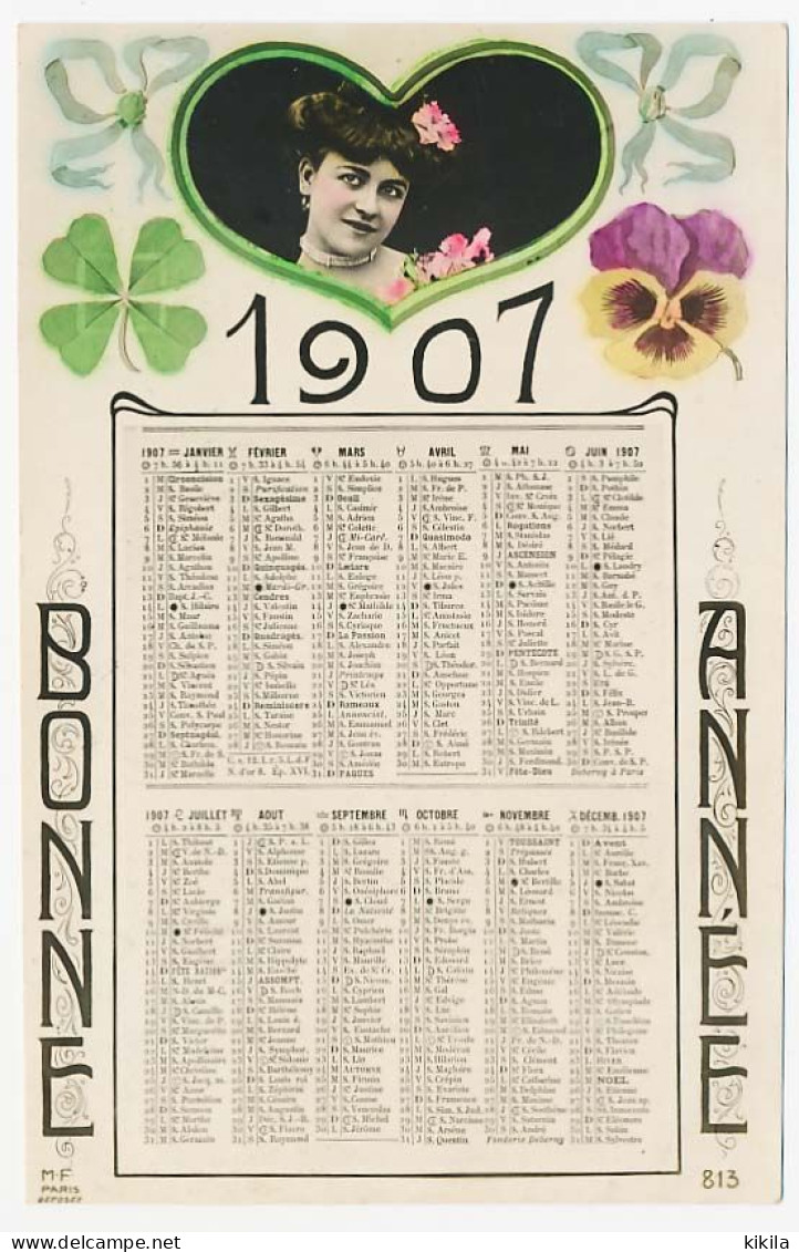 CPA Calendrier 1907 (2) Bonne Année  Trèfles à Quatre Feuilles  Fleur Pensée C&oelig;ur Photo Jeune Femme Fleurie - New Year