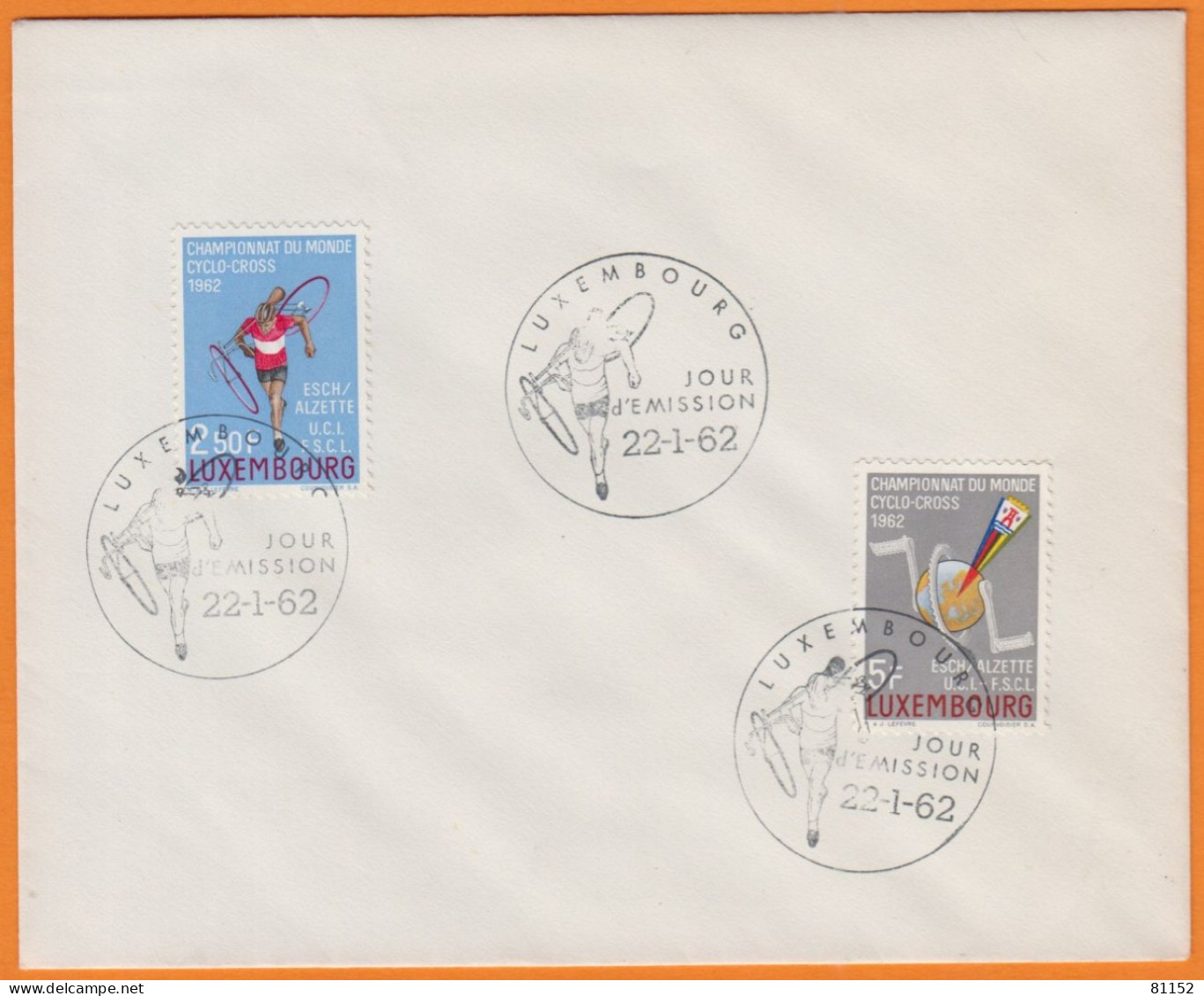 FDC  Du LUXEMBOURG  Le 22 1 1962 Championnat Du Monde De CYCLO-CROSS  2.50F + 5.F - FDC