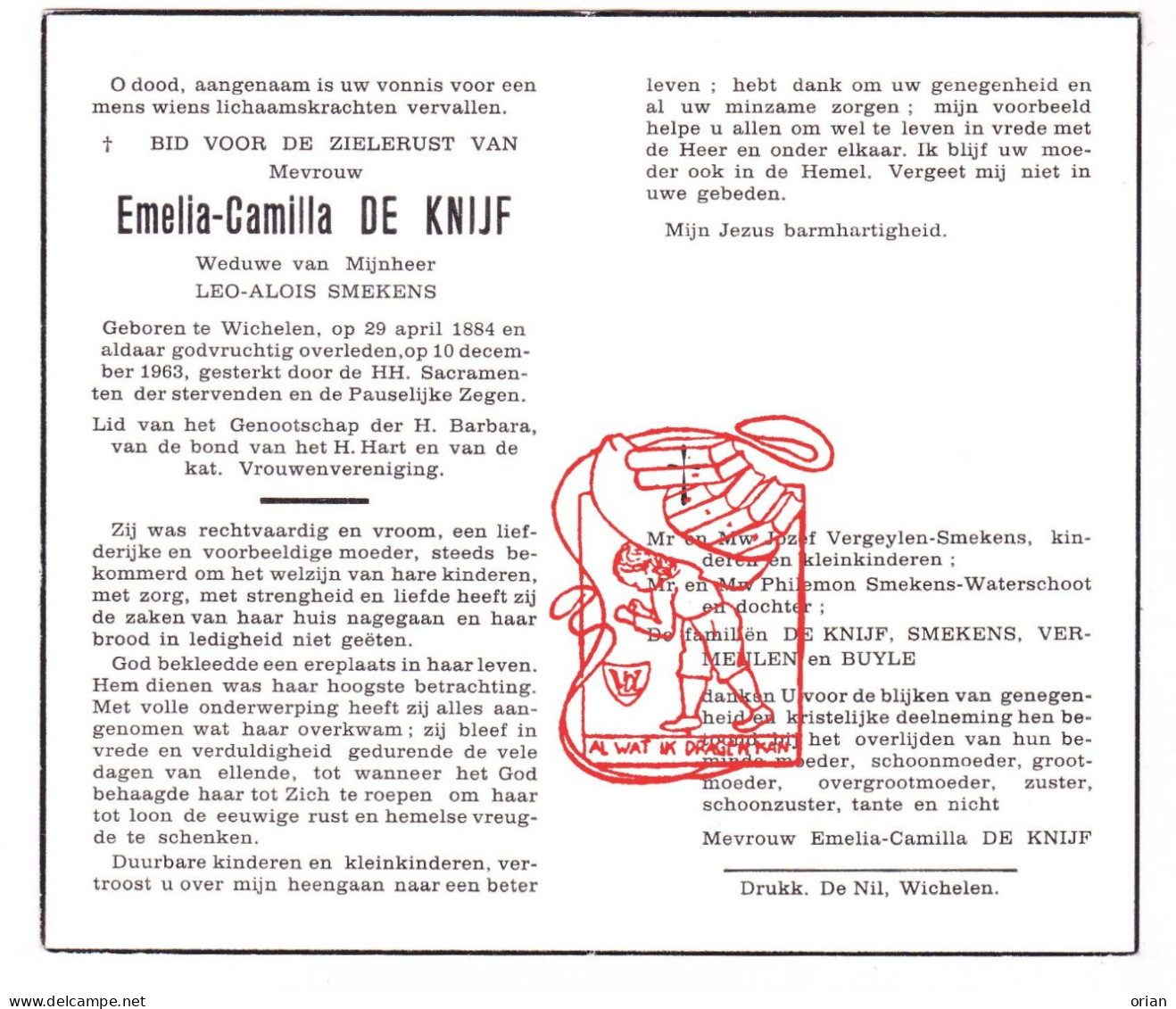 DP Emelia Camilla De Knijf ° Wichelen 1884 † 1963 X Leo Alois Smekens // Vergeylen Waterschoot Vermeulen Buyle - Devotion Images