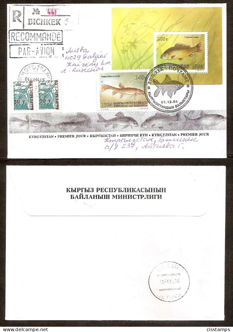 Kyrgyzstan / Kirgisien 1994●Fishes●Complet Set On 2x R-Letters To Lithuania - Poissons