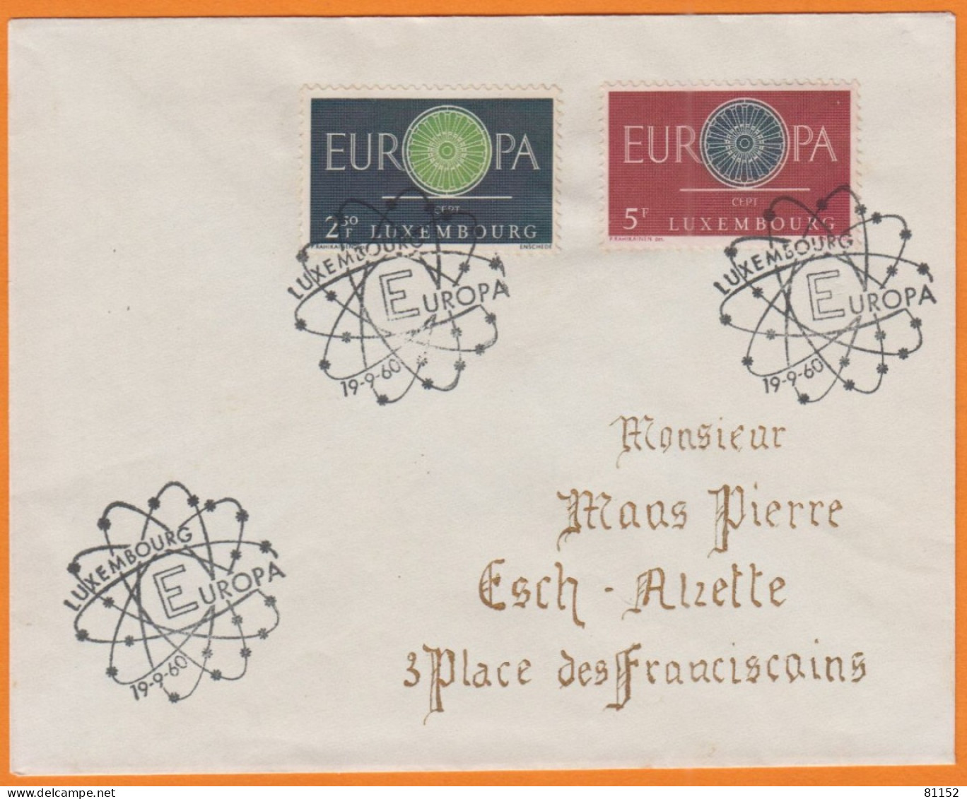 FDC  Du LUXEMBOURG  Le 19 9 1960  EUROPA  2.50F + 5.F Pour ESCH-ALZETTE - FDC