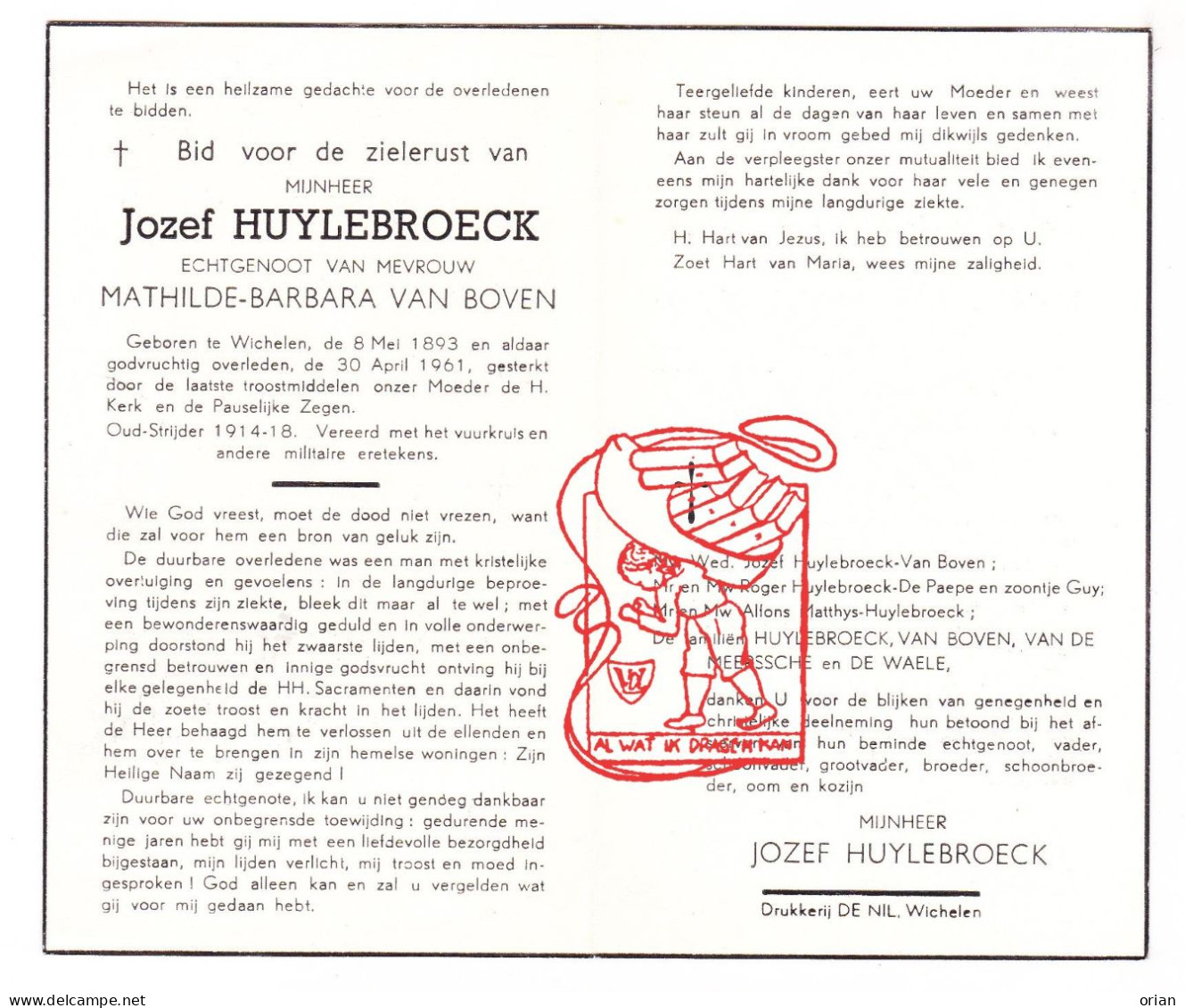DP Jozef Huylebroeck ° Wichelen 1893 † 1961 X Mathilde Van Boven // De Paepe Matthys Van De Meerssche De Waele - Devotion Images