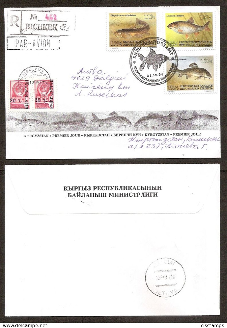 Kyrgyzstan / Kirgisien 1994●Fishes●Complet Set On 2x R-Letters To Lithuania - Kirghizistan