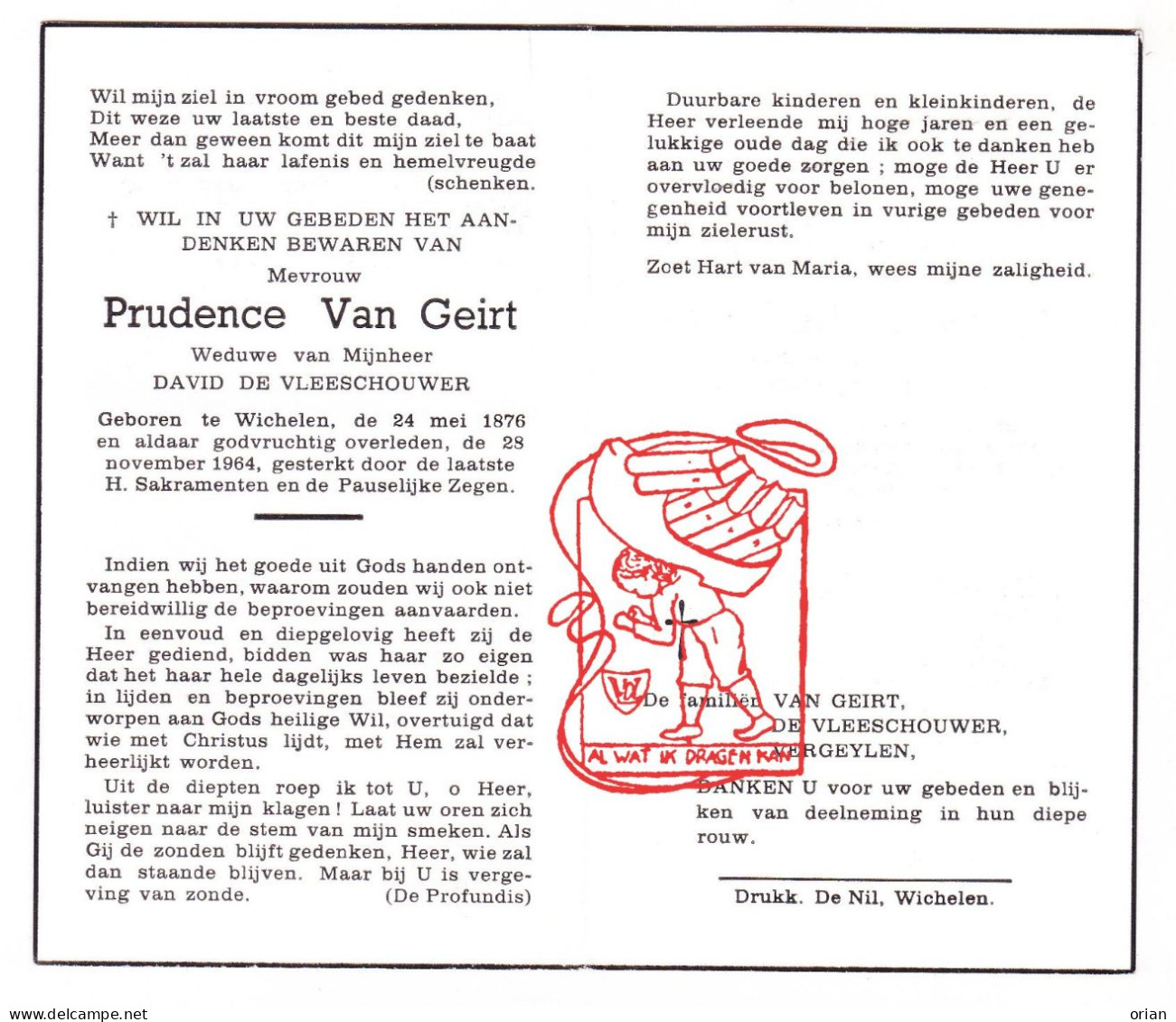 DP Prudence Van Geirt ° Wichelen 1876 † 1964 X David De Vleeschouwer // Vergeylen - Devotieprenten