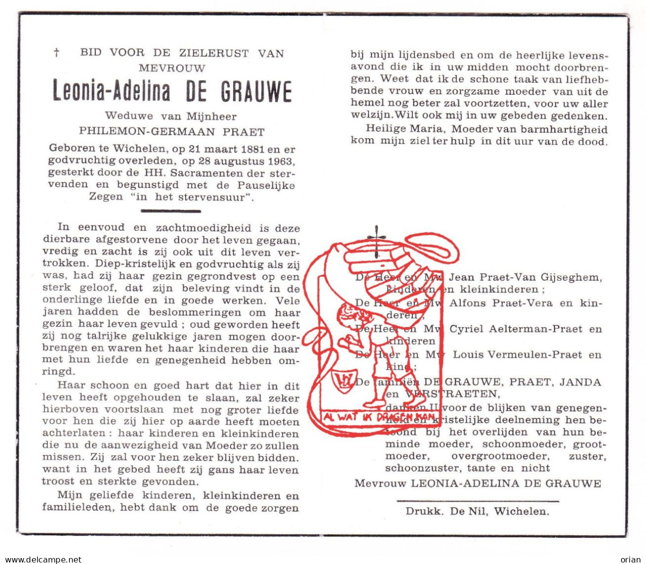 DP Leonia Adelina De Grauwe ° Wichelen 1881 † 1963 Praet // Van Gijseghem Vera Aelterman Vermeulen Janda Verstraeten - Images Religieuses