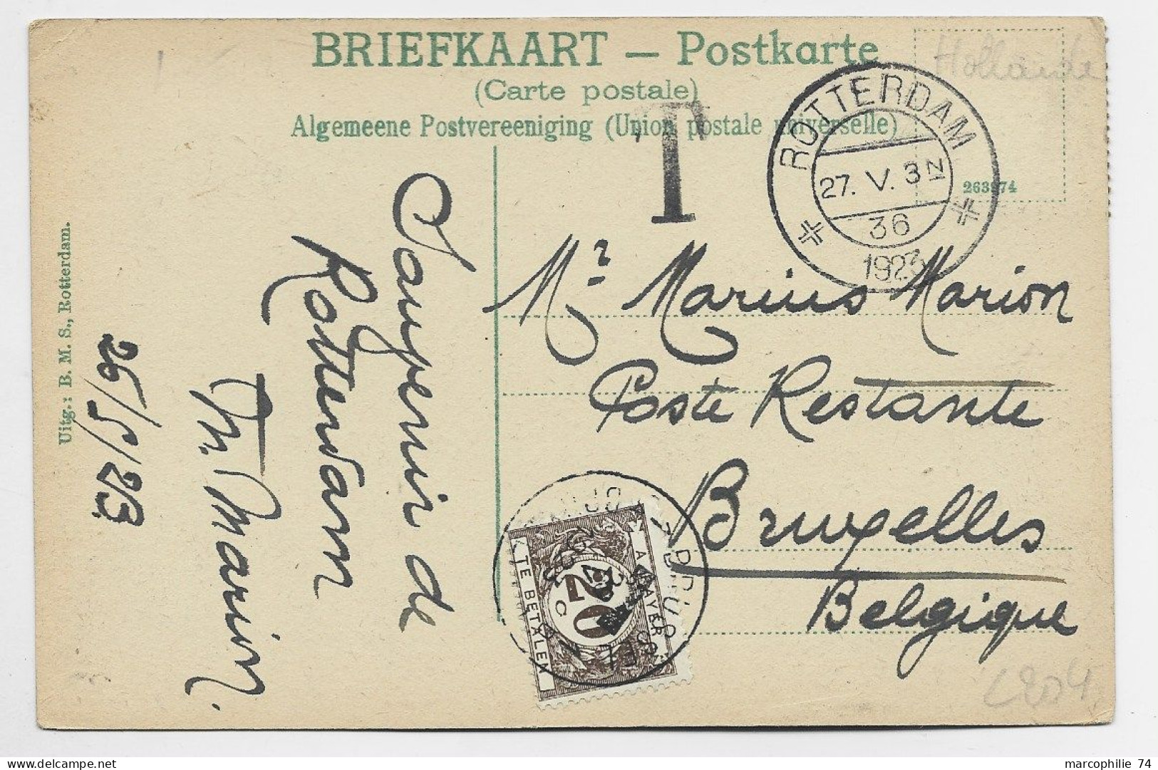 NEDERLAND 10C+2 1/2C AU RECTO CARTE ROTTERDAM 27.V.1923 TO BELGIQUE TAXE 20C BRUXELLES - Lettres & Documents