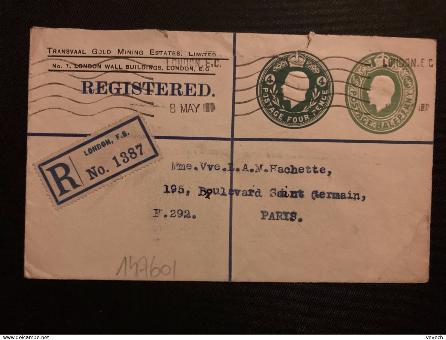 LR TRANSVAAL GOLD MINING EP HALF PENNY + FOUR PENCE OBL.MEC.8 MAY 16 LONDON F.S. Pour FRANCE OBL. PARIS 9 DISTRIBUTION - Brieven En Documenten