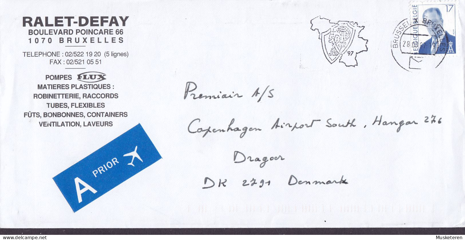 Belgium RALET-DEFAY, A-PRIOR Label BRUSSEL Bruxelles 1997 Cover Lettre DRAGØR Amager Denmark 17 Fr. Albert II. Timbre - Covers & Documents