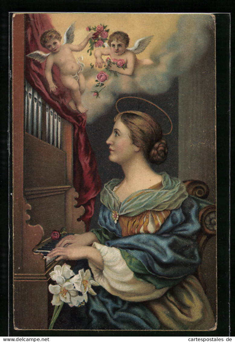 AK Frau An Der Orgel Betrachtet Die Engel Am Himmel, Sancta Cäcilia  - Anges