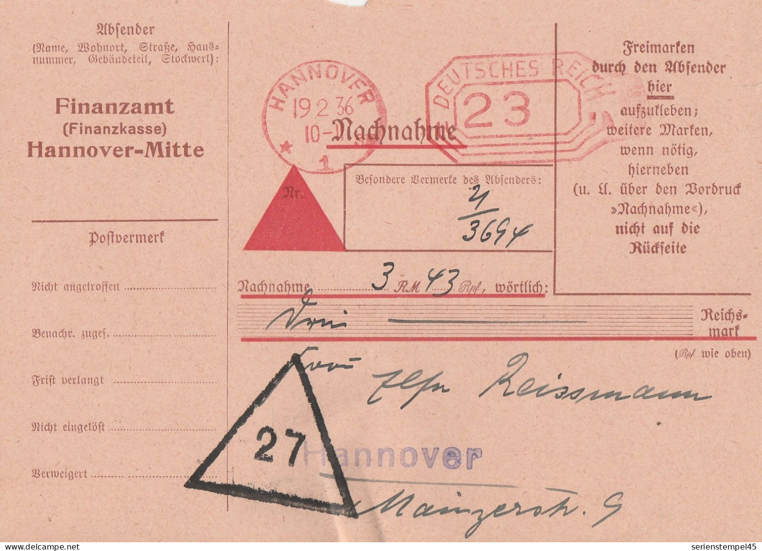 Deutsches Reich Nachnahme Finanzamt Hannover Mit Postfreistempel 1936 Postlager Stempel 27 - Franking Machines (EMA)