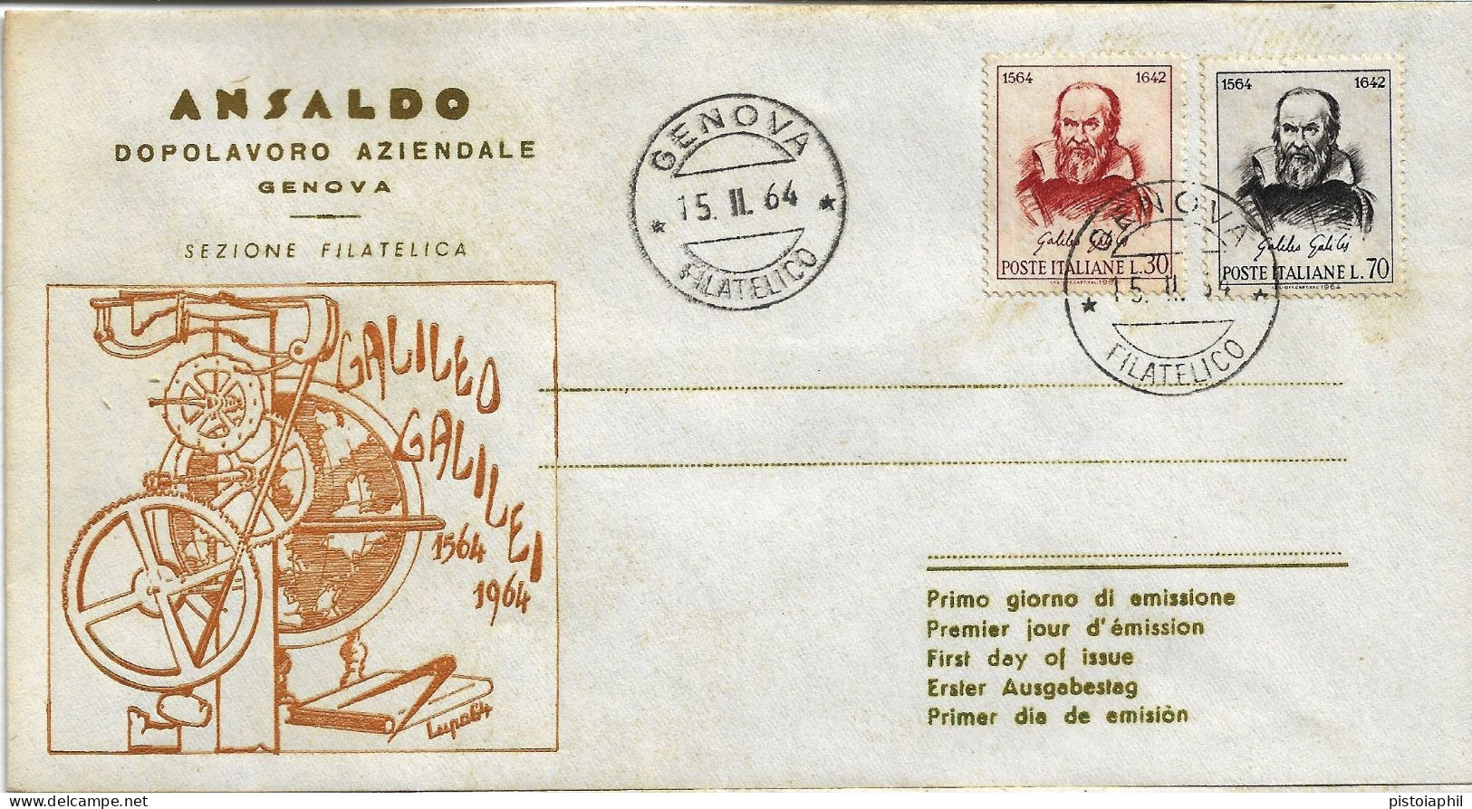 Fdc Ansaldo: GALILEO GALILEI (1964); Non Viaggiata; Annullo Filatelico Genova - FDC
